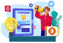 ilustración de notificaciones y marketing digital en móvil